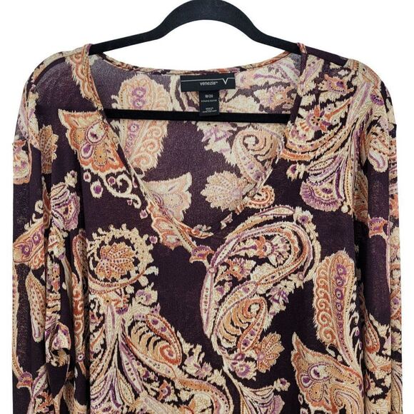 Vintage 90's Venezia Top Plus Size 18/20 Blouse Plum Paisley V-neck Bell Boho - Picture 8 of 14